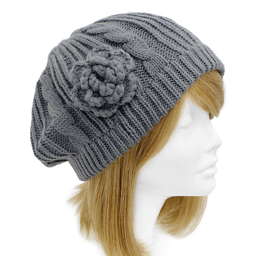 CABLE KNIT BERET WITH CORSAGE BERET HAT