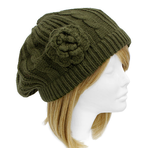 CABLE KNIT BERET WITH CORSAGE BERET HAT