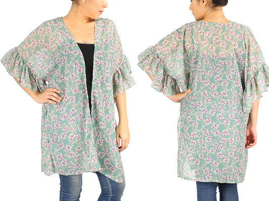 FLOWER PRINT CHIFFON RUFFLE SLEEVE/CARDIGAN