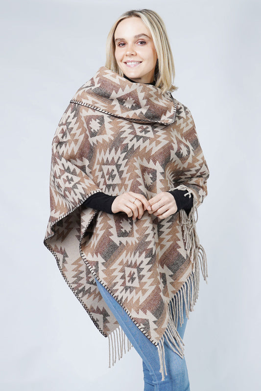 WESTERN PATTERN PONCHO W/TASSEL