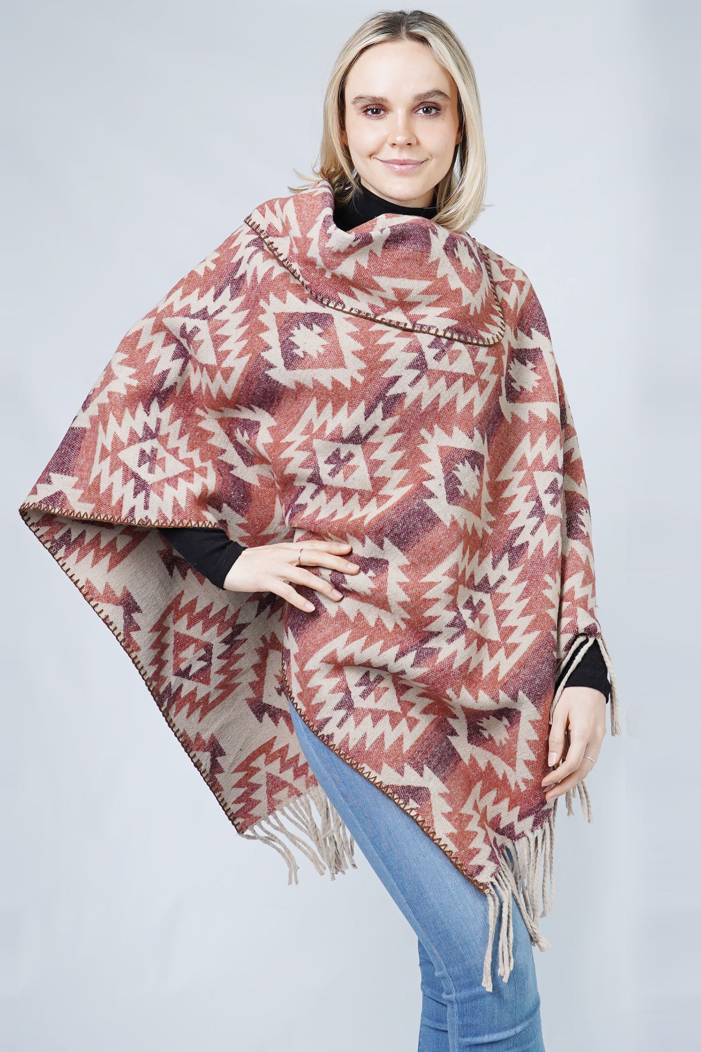 WESTERN PATTERN PONCHO W/TASSEL