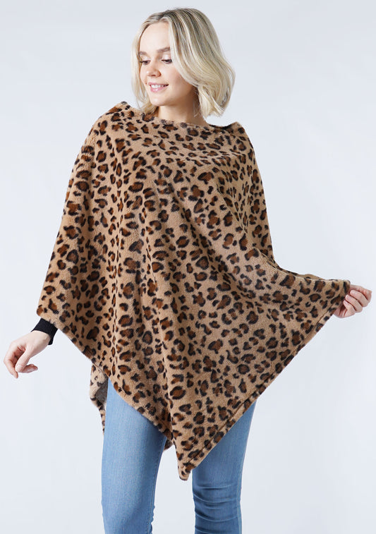 LEOPARD PRINT FAUX FUR PONCHO