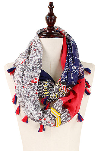 MULTI FLOWER PRINT INFINITY SCARF W/TASSEL