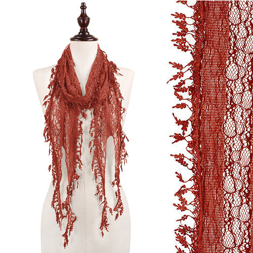 LACE SLIM OBLONG SCARF WITH LEAF FRINGE