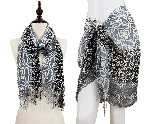 TRI-PATTERN BLOCK OBLONG SCARF W/FRINGE