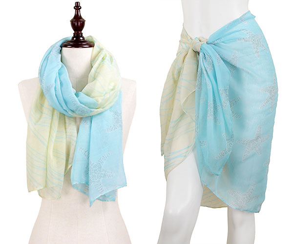 STARFISH & WAVE PRINT OBLONG SCARF/PAREO