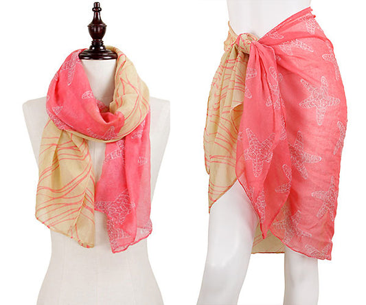 STARFISH & WAVE PRINT OBLONG SCARF/PAREO