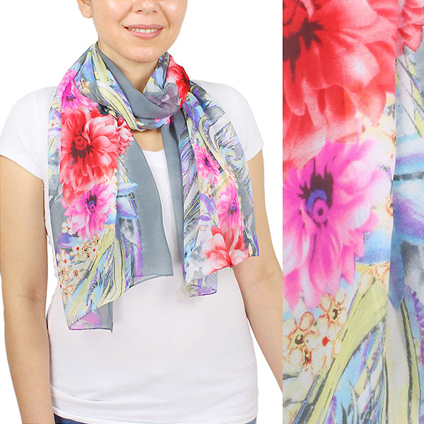 FLOWER PRINT CHIFFON OBLONG SCARF