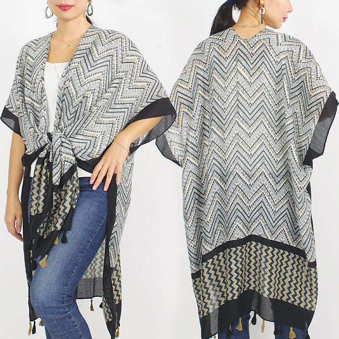 CHEVRON PRINT KIMONO W/TASSEL