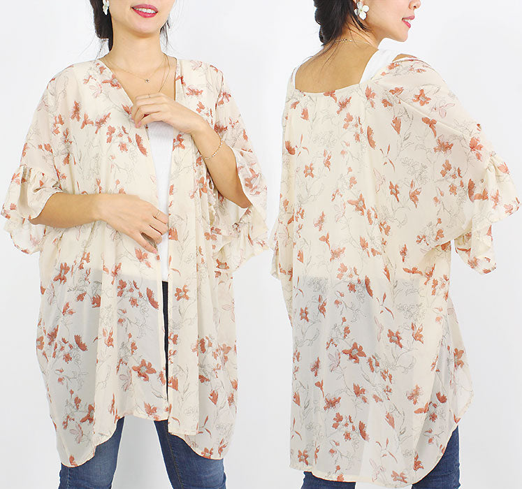 FLOWER PRINT CHIFFON RUFFLE KIMONO