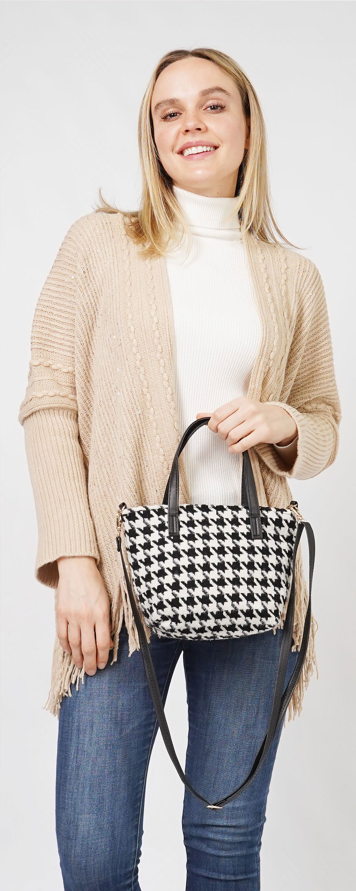 HOUNDSTOOTH PRINT CROSSBODY BAG