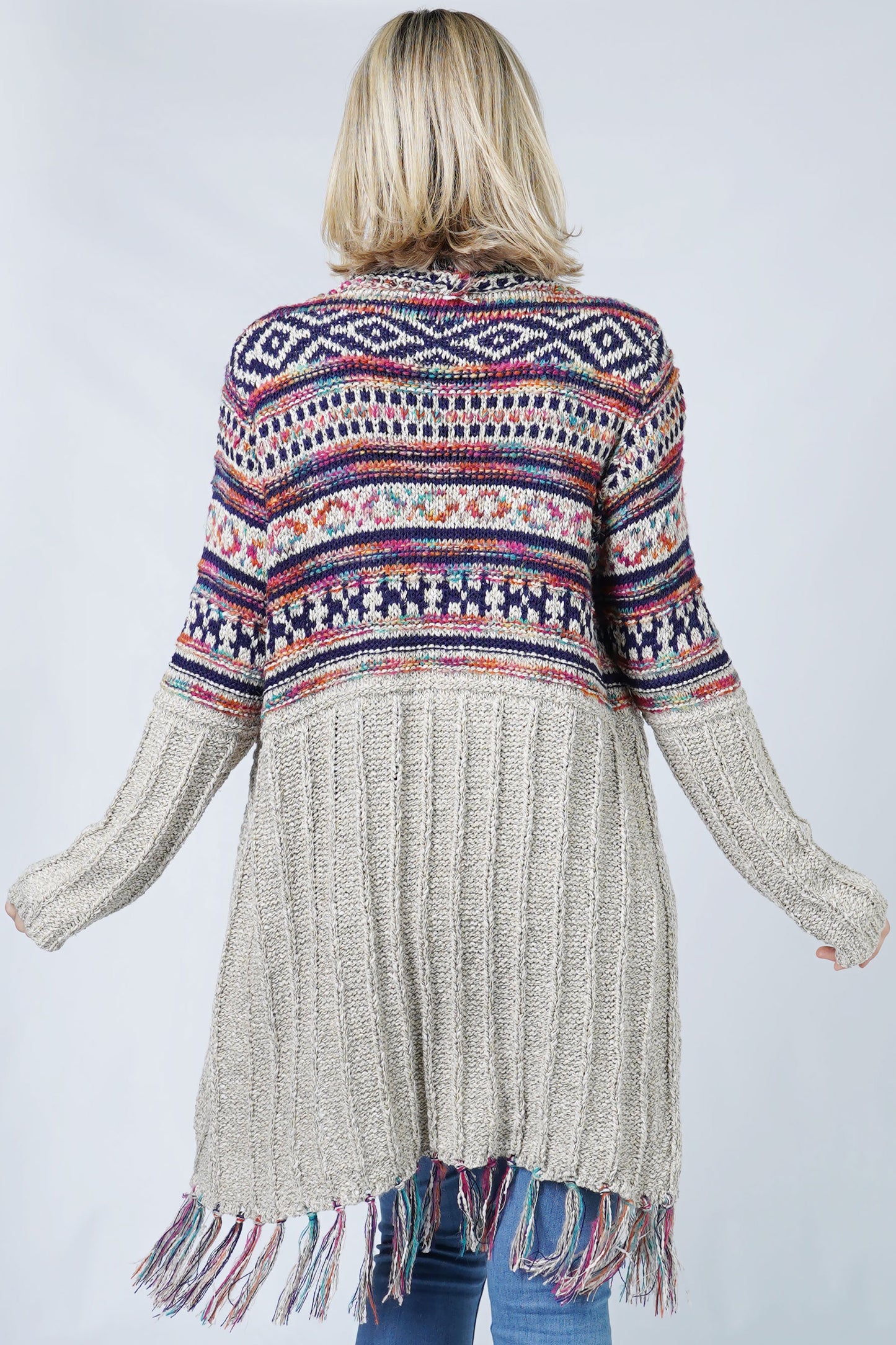 ETHNIC PATTERN KNIT CARDIGAN W/FRINGE