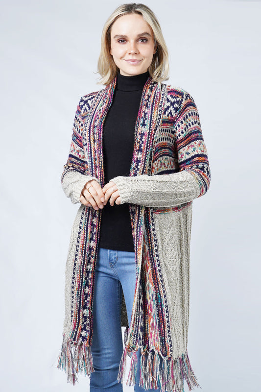 ETHNIC PATTERN KNIT CARDIGAN W/FRINGE