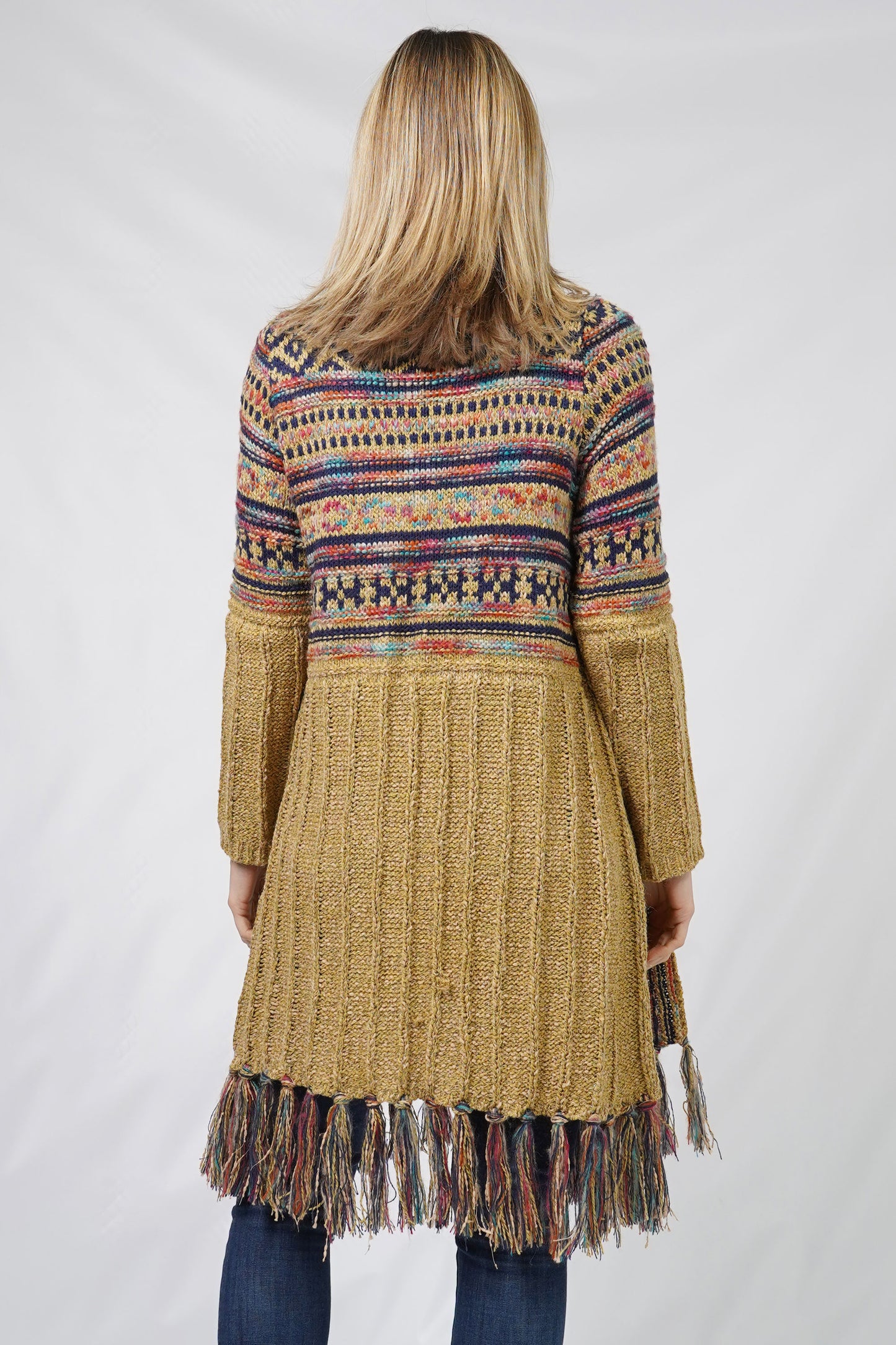 ETHNIC PATTERN KNIT CARDIGAN W/FRINGE