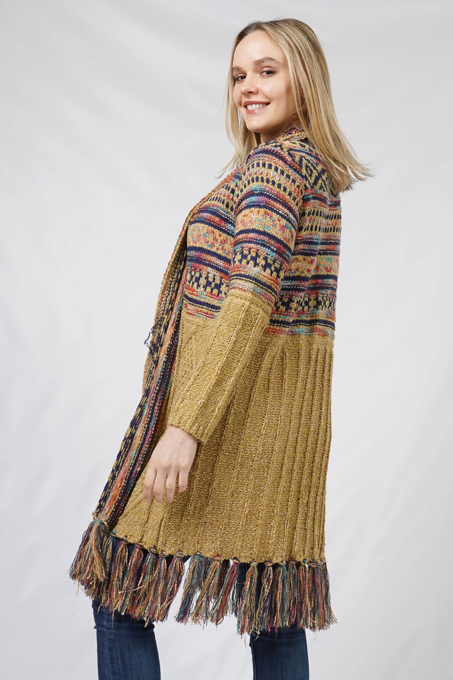 ETHNIC PATTERN KNIT CARDIGAN W/FRINGE