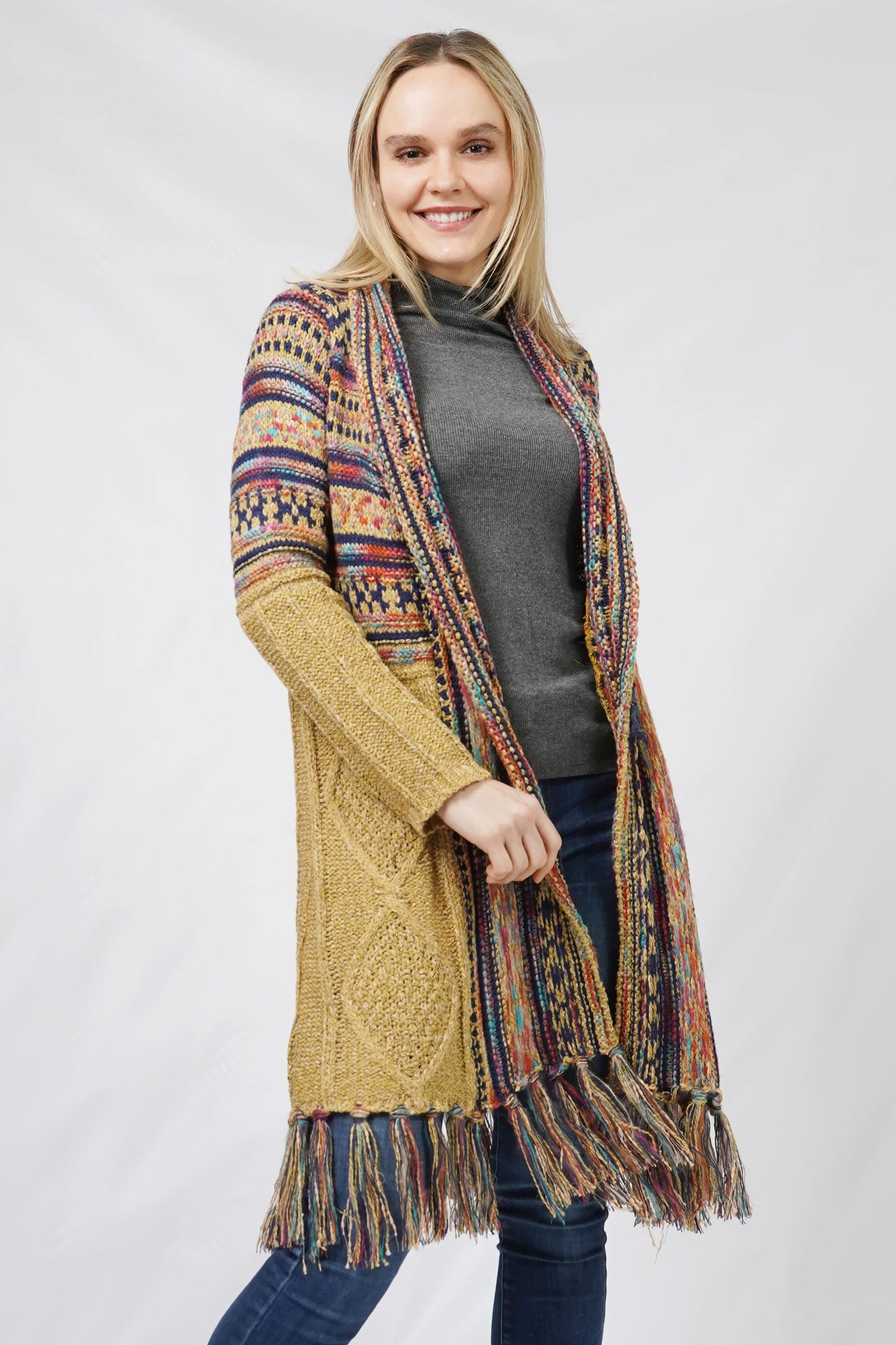 ETHNIC PATTERN KNIT CARDIGAN W/FRINGE