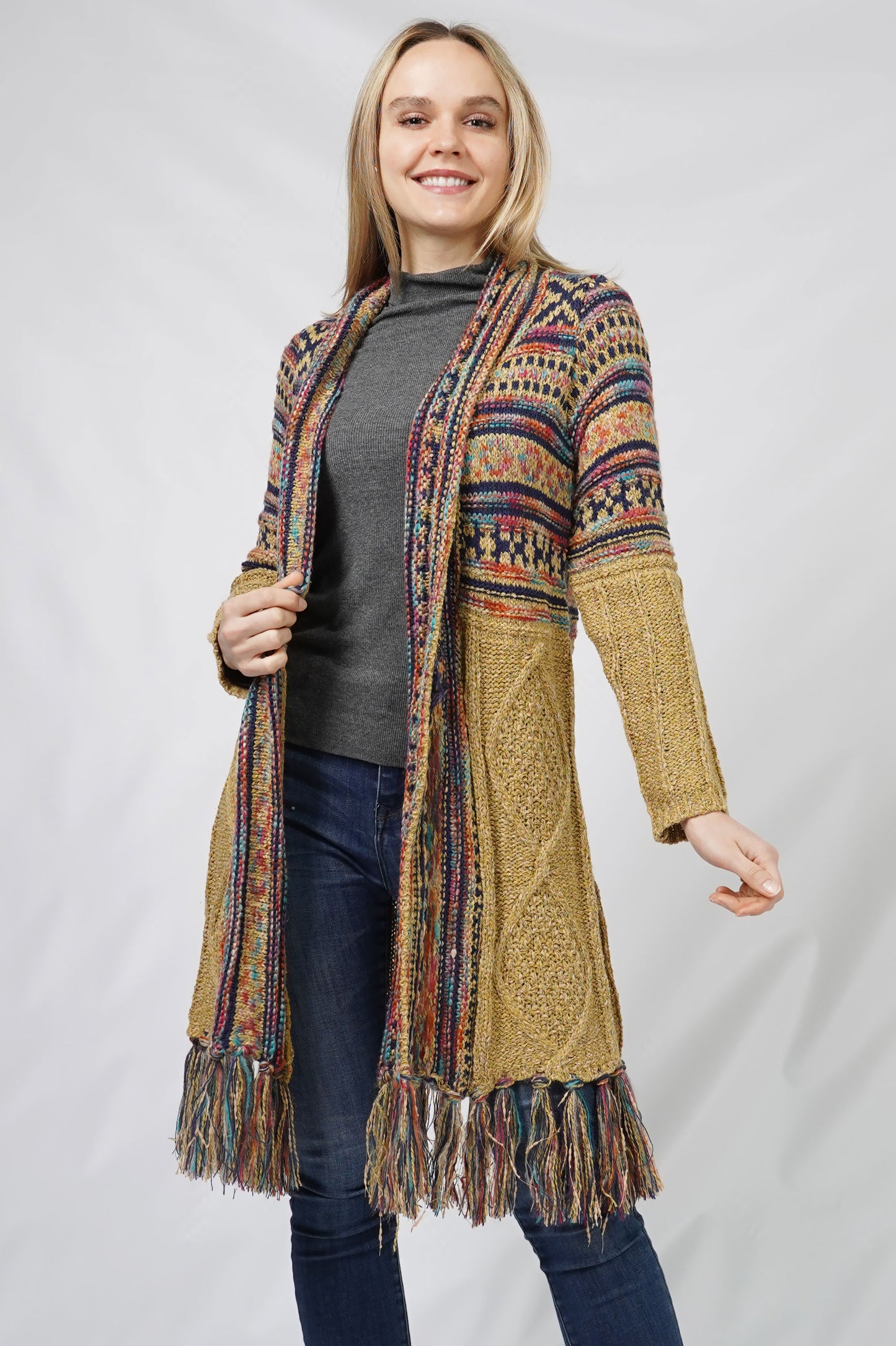 ETHNIC PATTERN KNIT CARDIGAN W/FRINGE