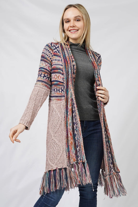 ETHNIC PATTERN KNIT CARDIGAN W/FRINGE