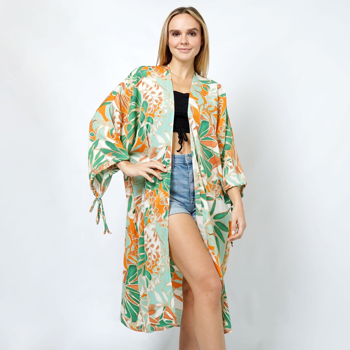 TROPICAL PRINT KIMONO W/SLEEVES