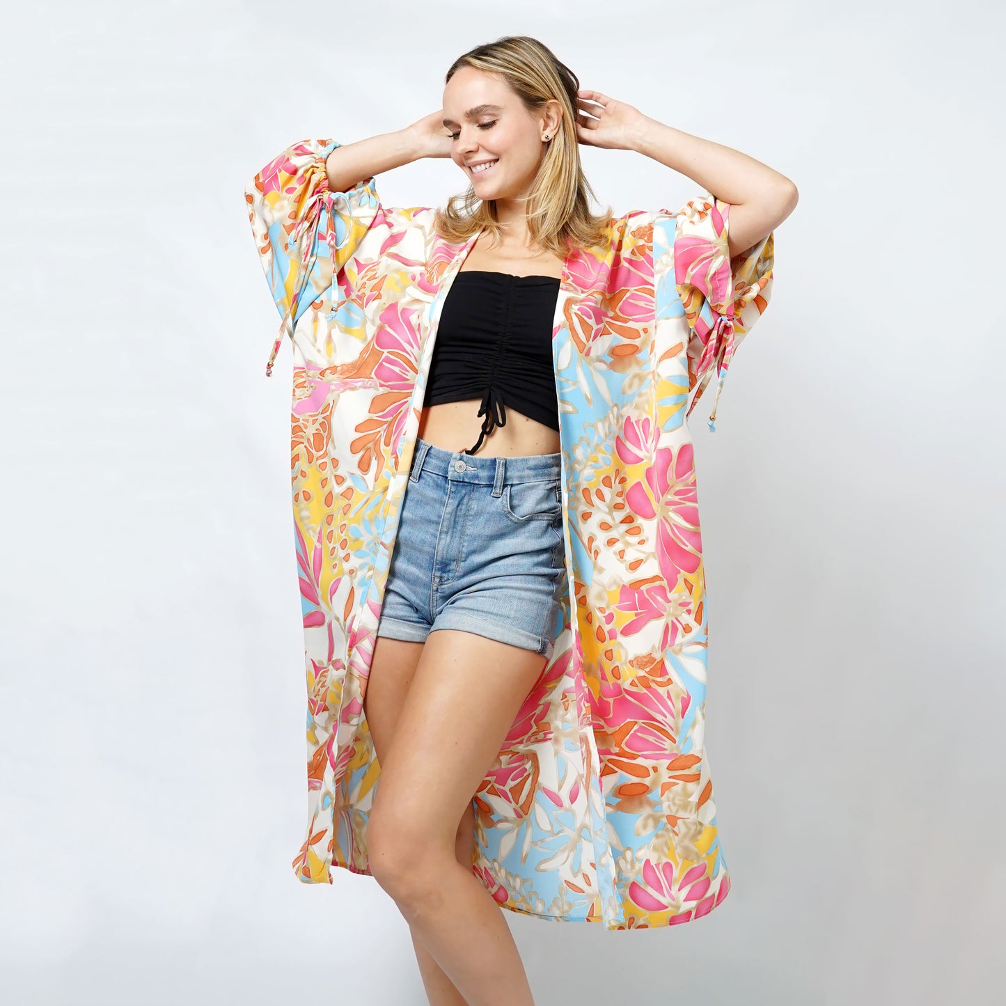 TROPICAL PRINT KIMONO W/SLEEVES