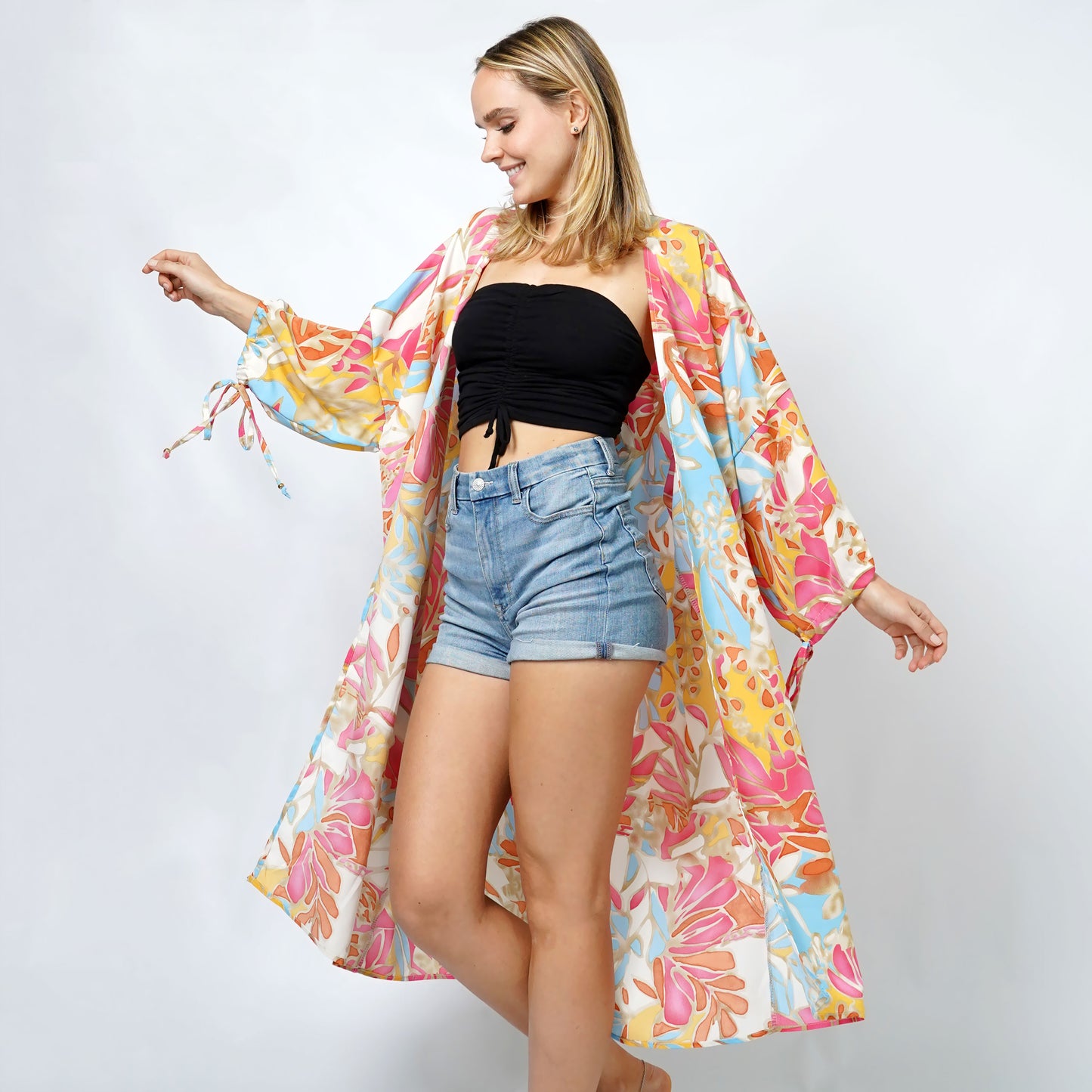 TROPICAL PRINT KIMONO W/SLEEVES