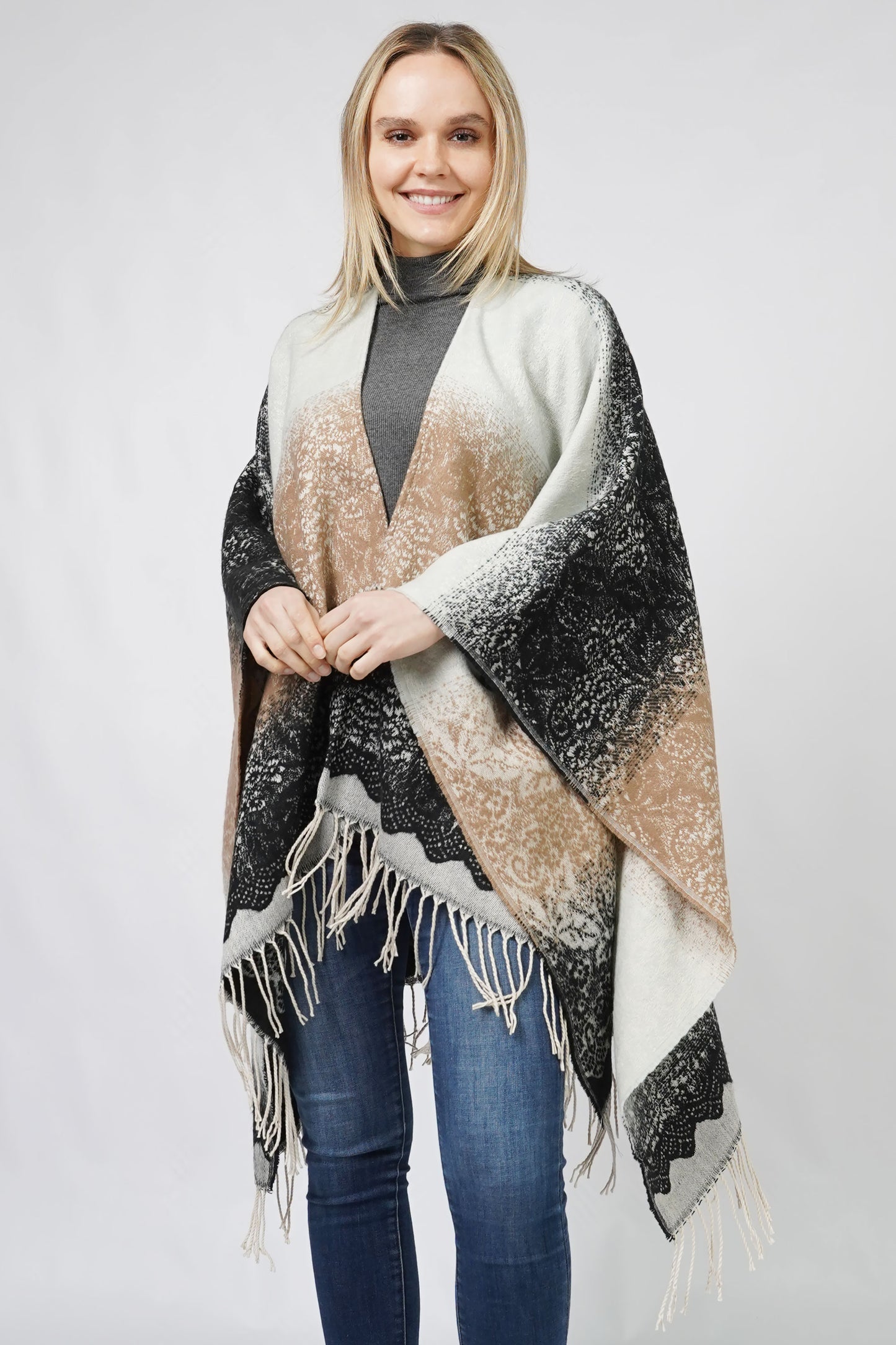 LACE TEXTURE OMBRE CAPE W/FRINGE