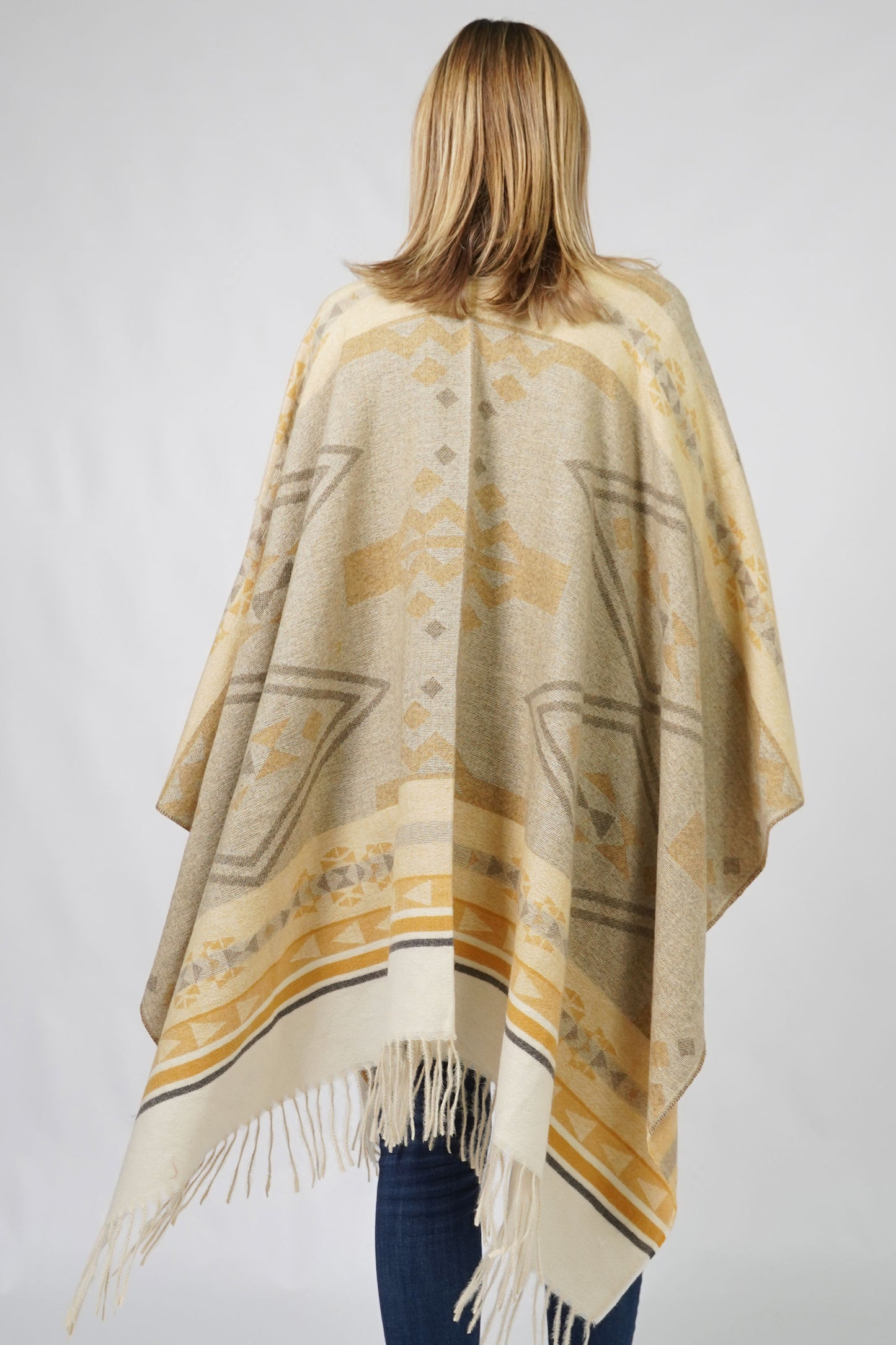 AZTEC PATTERN CAPE W/FRINGE