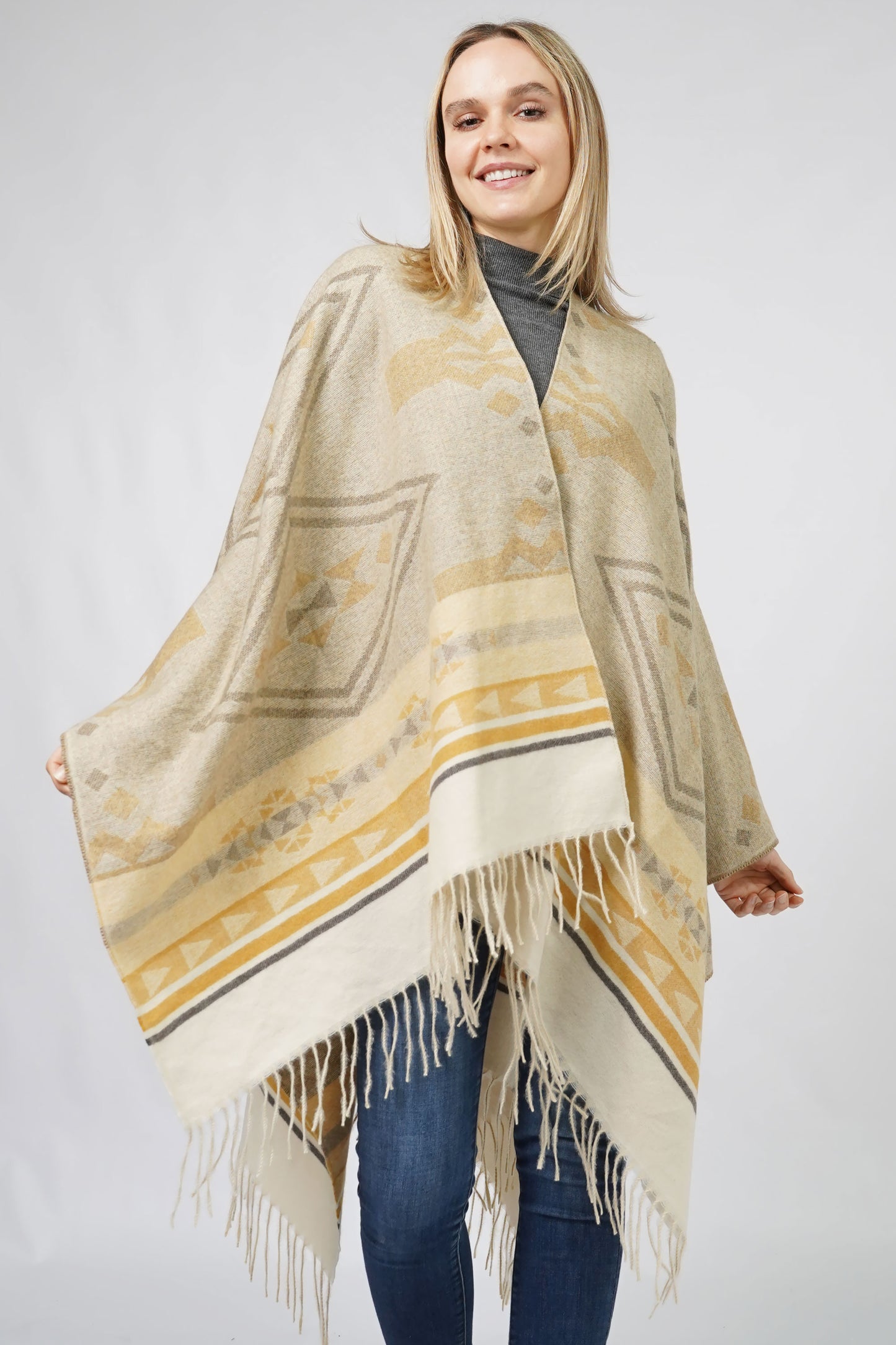 AZTEC PATTERN CAPE W/FRINGE