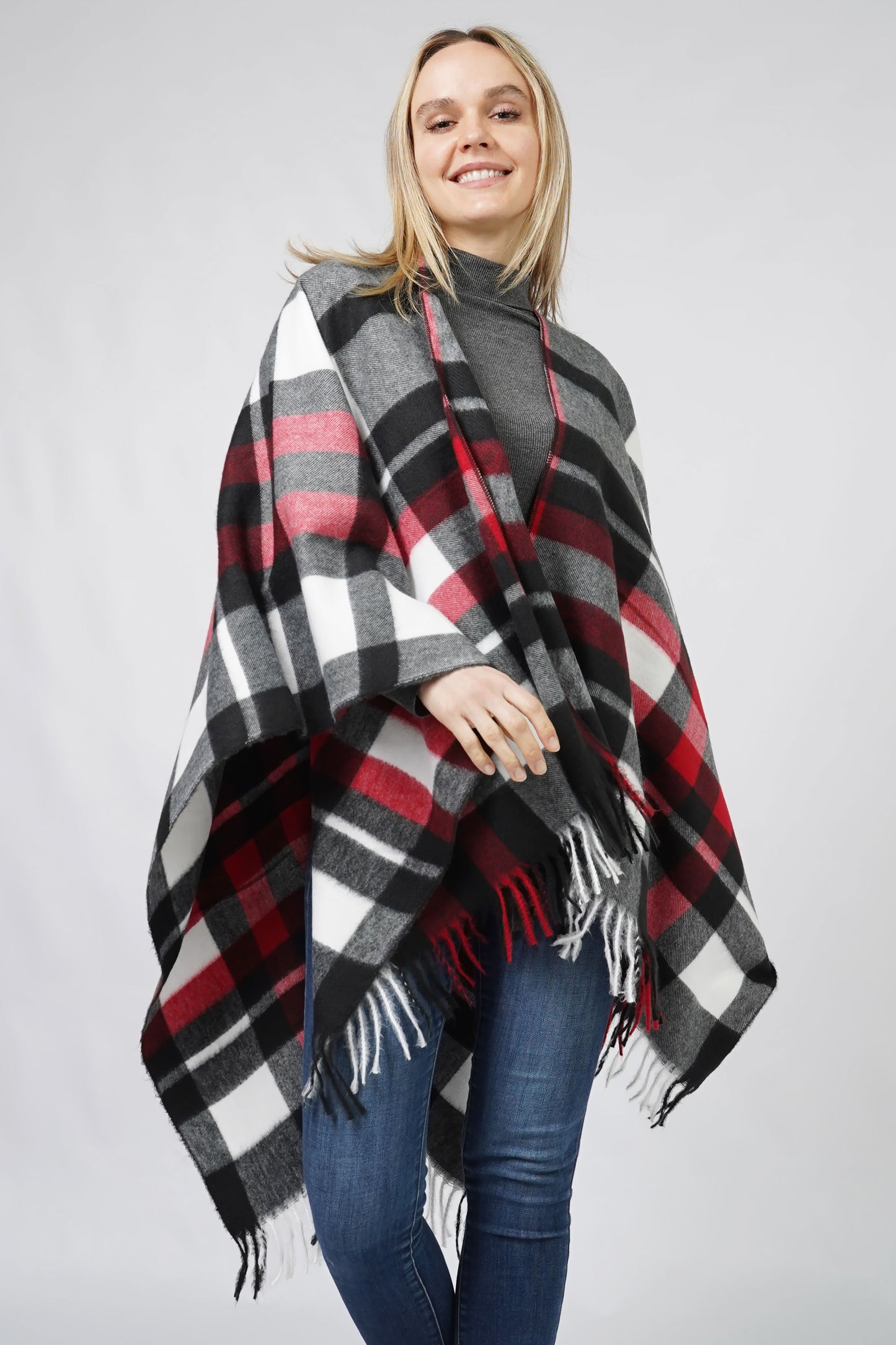 PLAID CAPE W/FRINGE