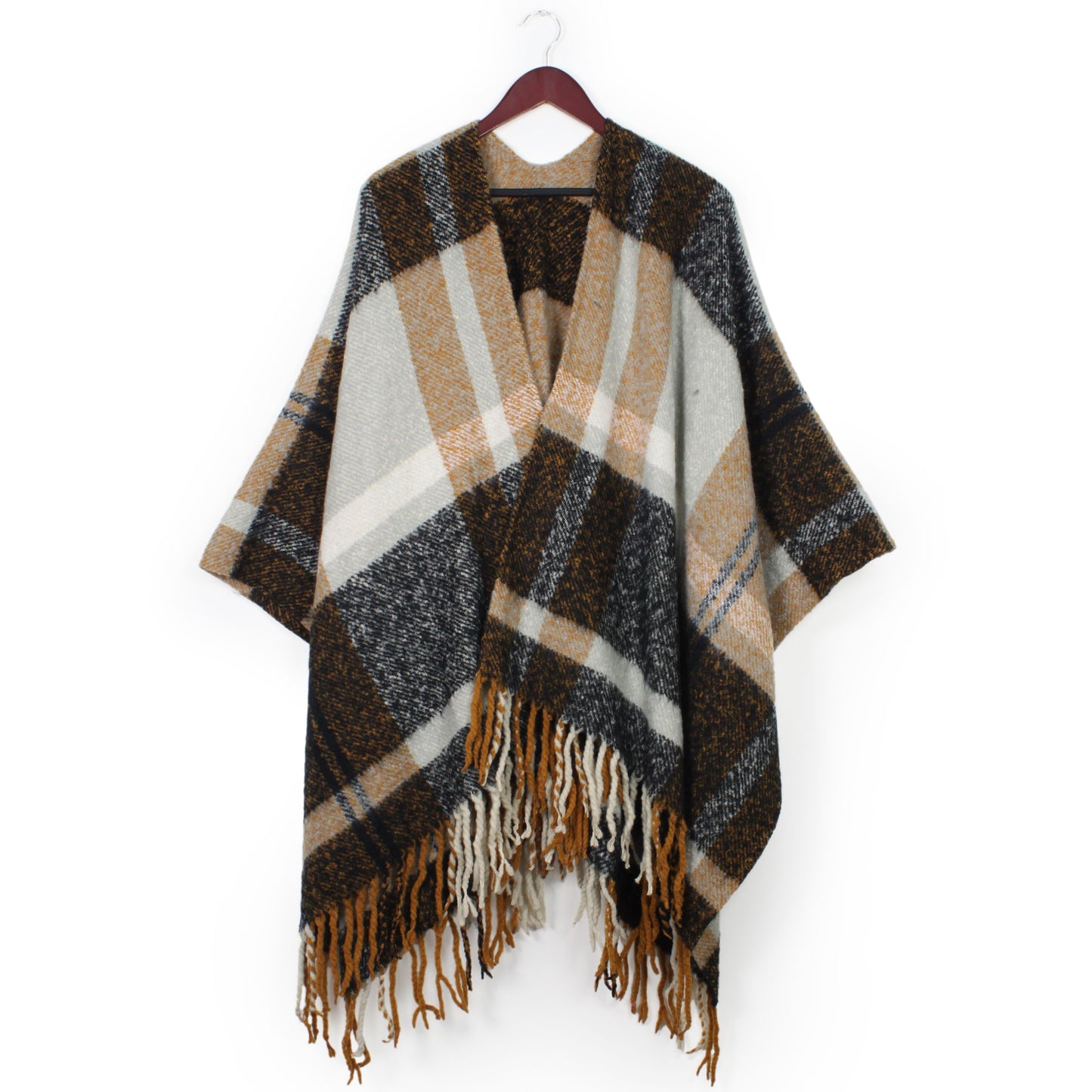 PLAID RUANA/CAPE W/FRINGE