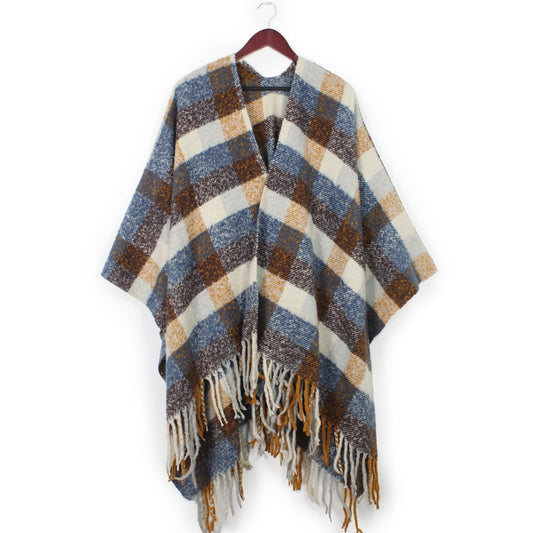 PLAID RUANA/CAPE W/FRINGE