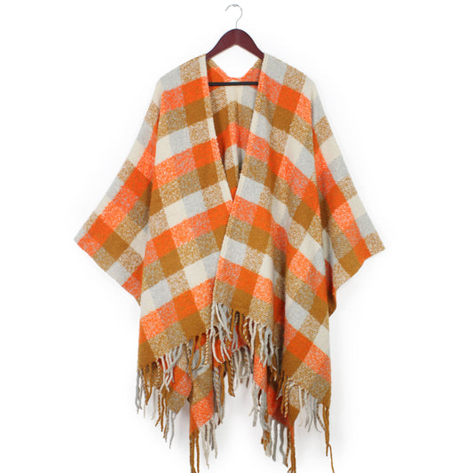 PLAID RUANA/CAPE W/FRINGE