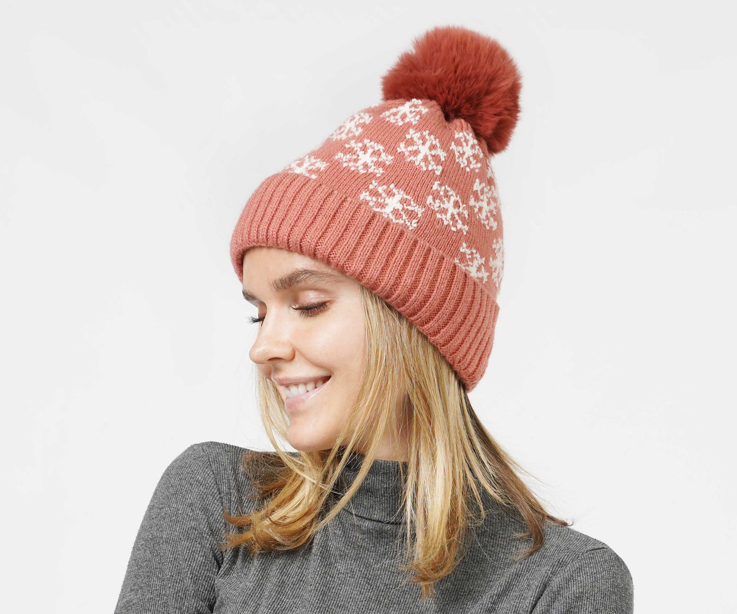 SNOWFLAKE KNIT POMPOM BEANIE