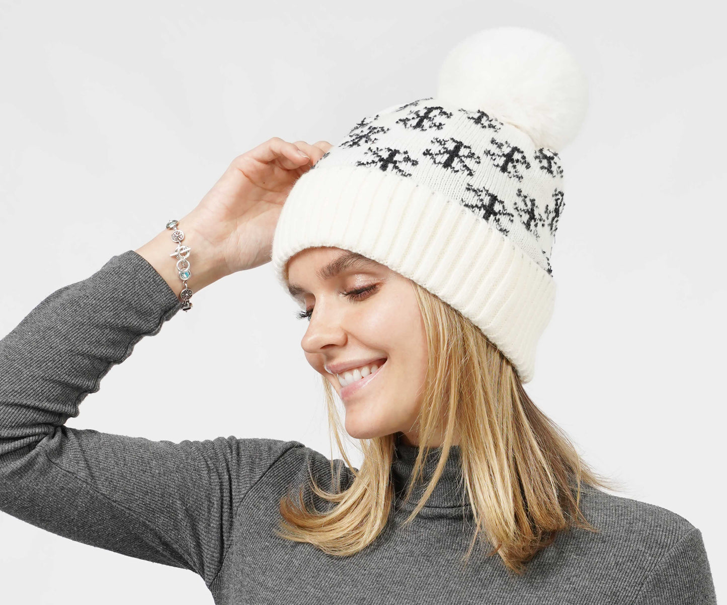 SNOWFLAKE KNIT POMPOM BEANIE