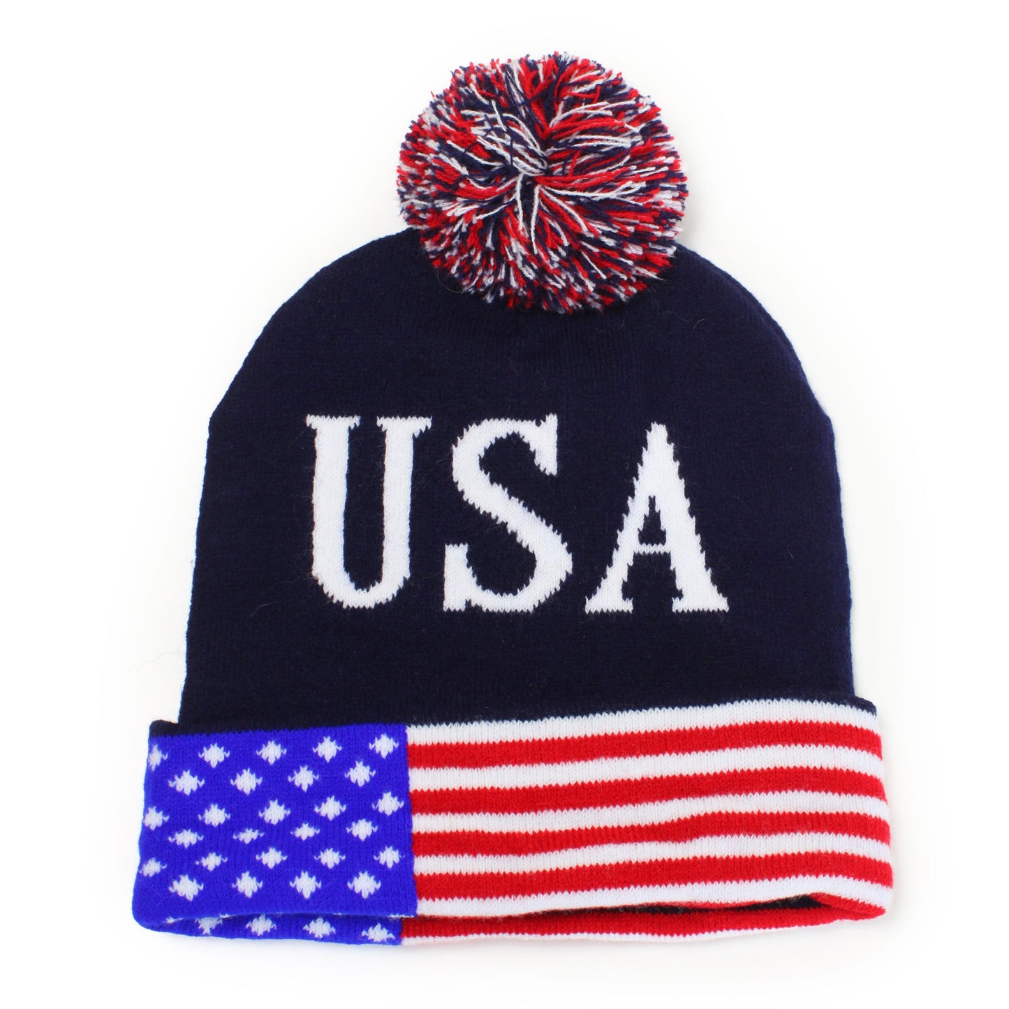 USA KNIT BEANIE W/POMPOM