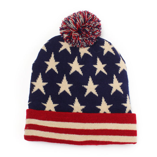 AMERICAN FLAG KNIT BEANIE W/POMPOM