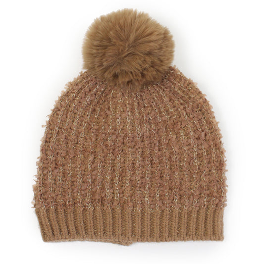 FRINGE+LUREX KNIT BEANIE W/POMPOM