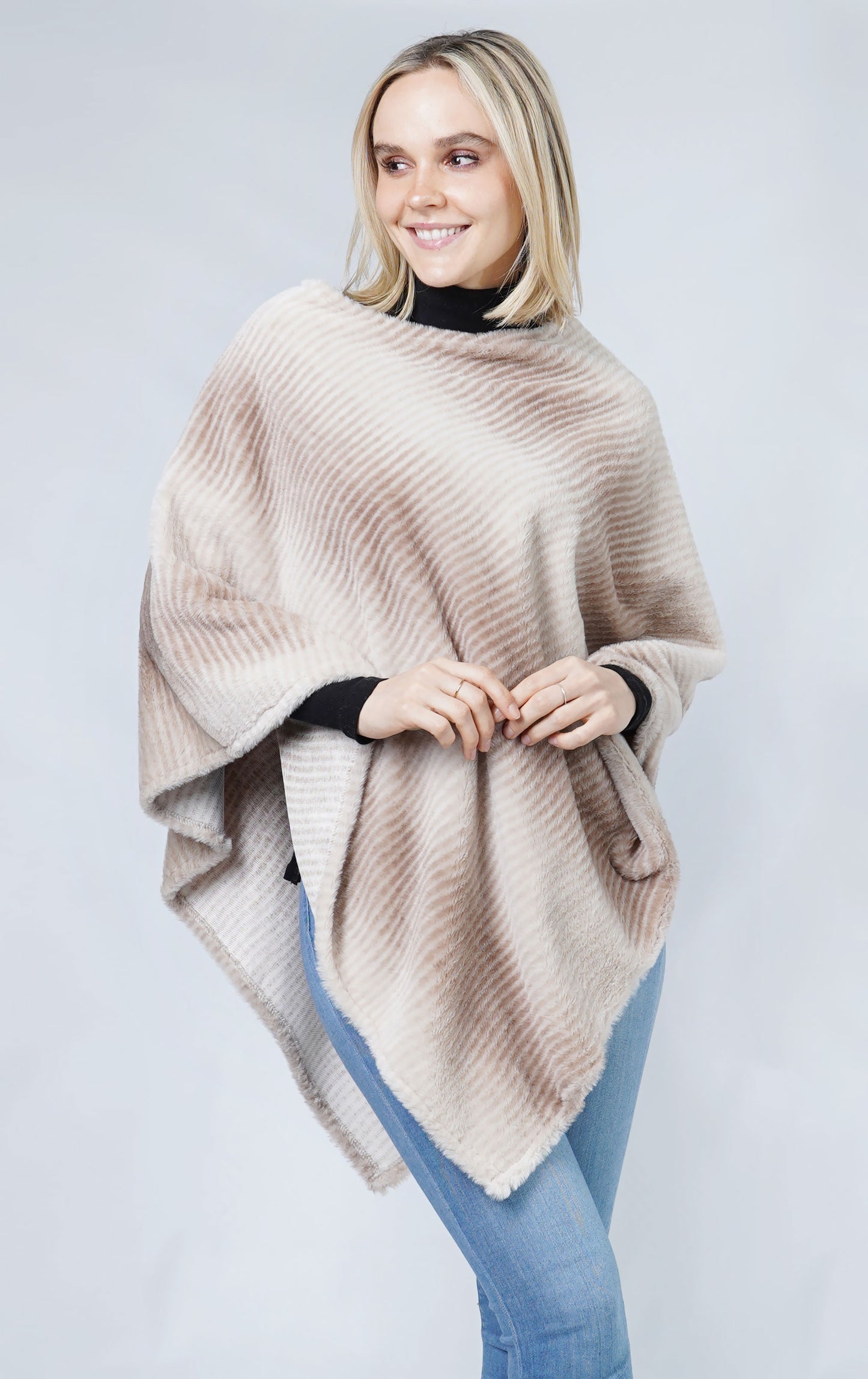 OMBRE & STRIPE FAUX FUR PONCHO