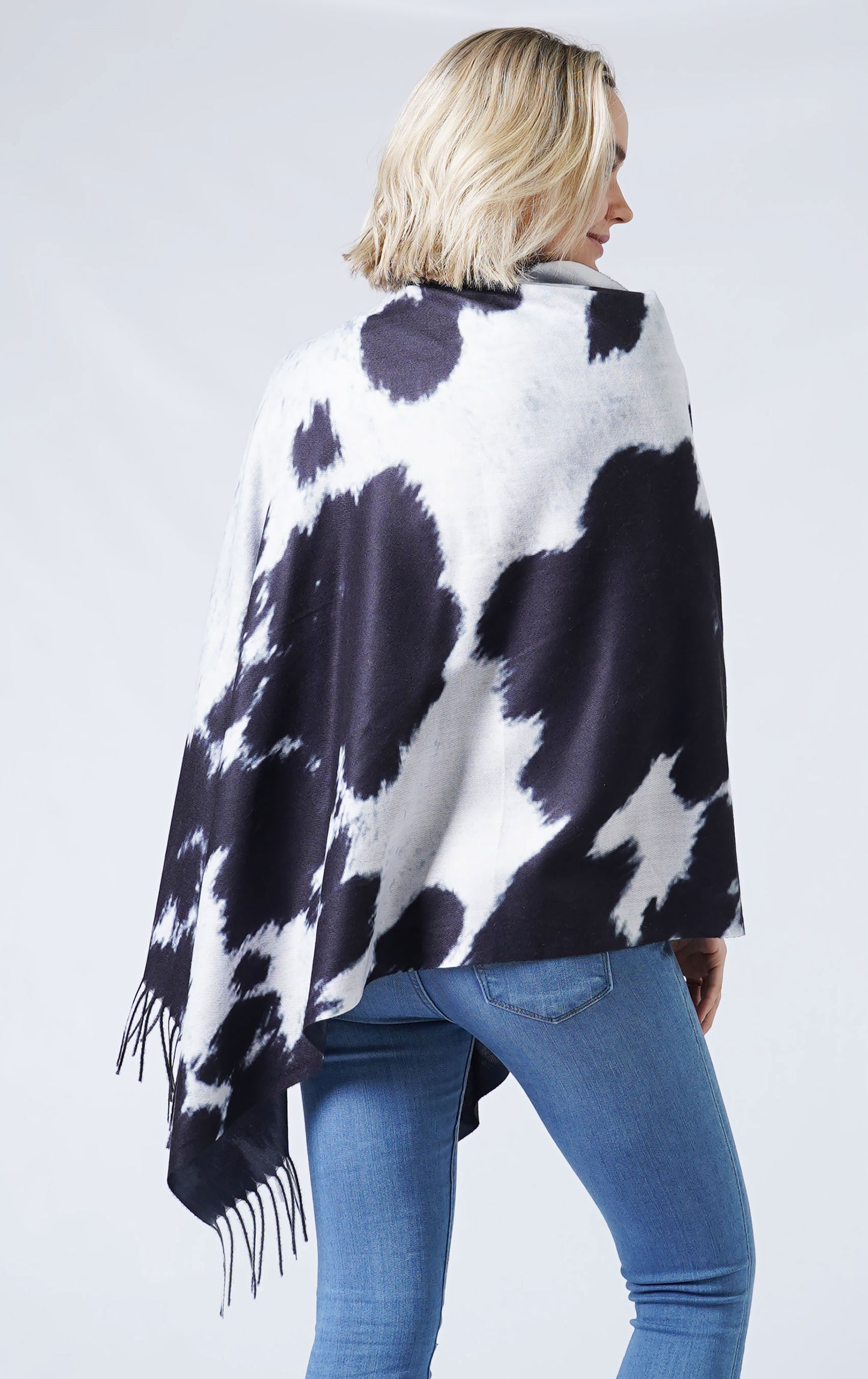 COW PRINT MULTI WEAR SCARF/PONCHO WITH FRINGE