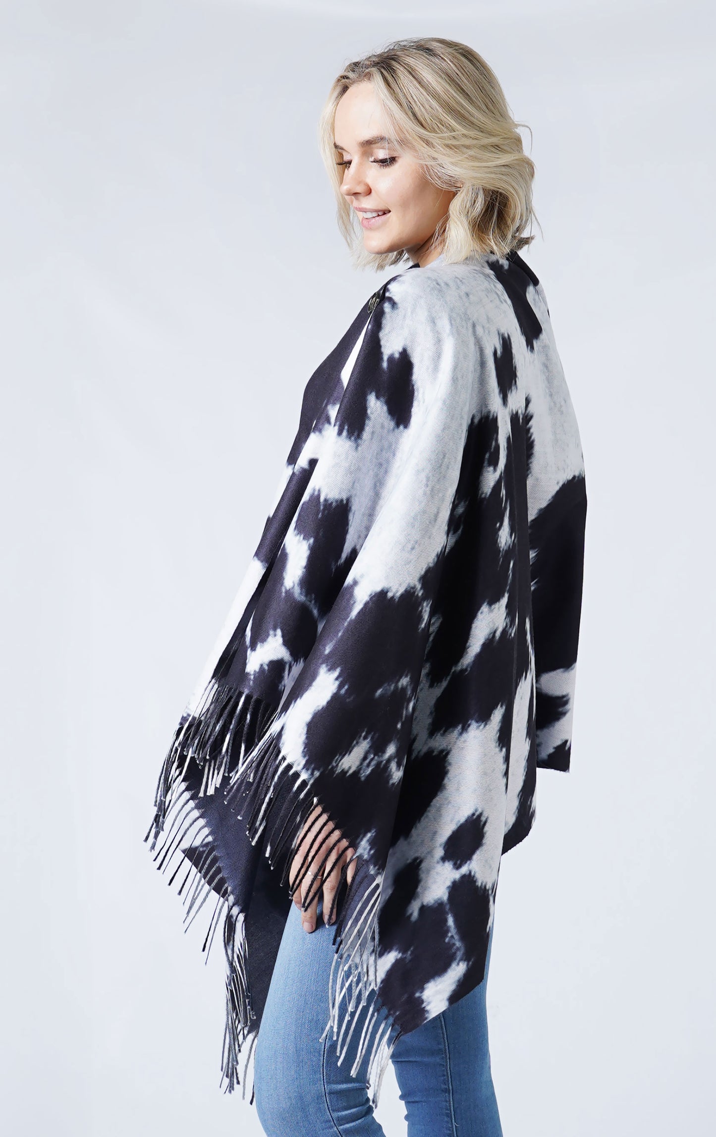 COW PRINT MULTI WEAR SCARF/PONCHO WITH FRINGE