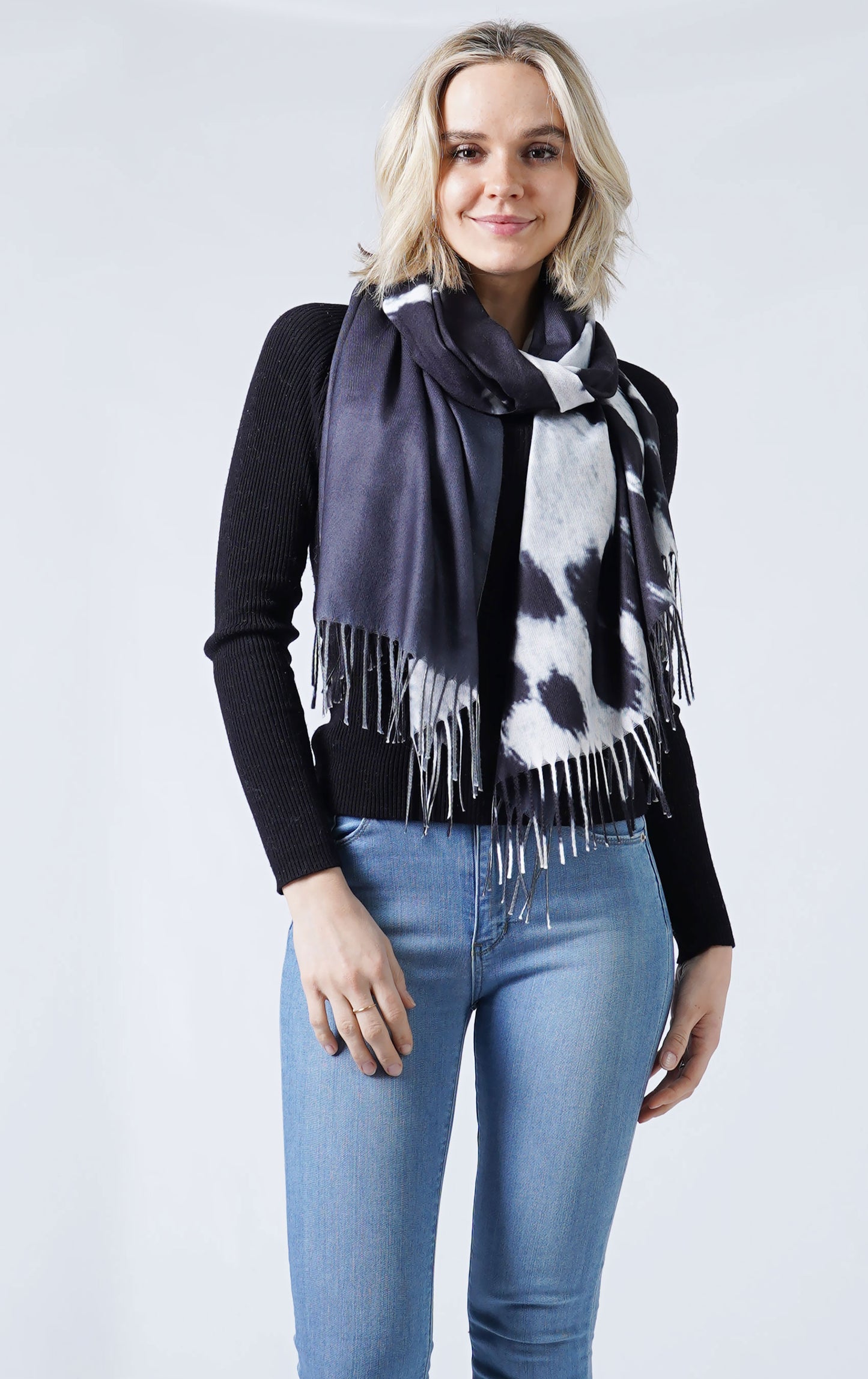 COW PRINT MULTI WEAR SCARF/PONCHO WITH FRINGE