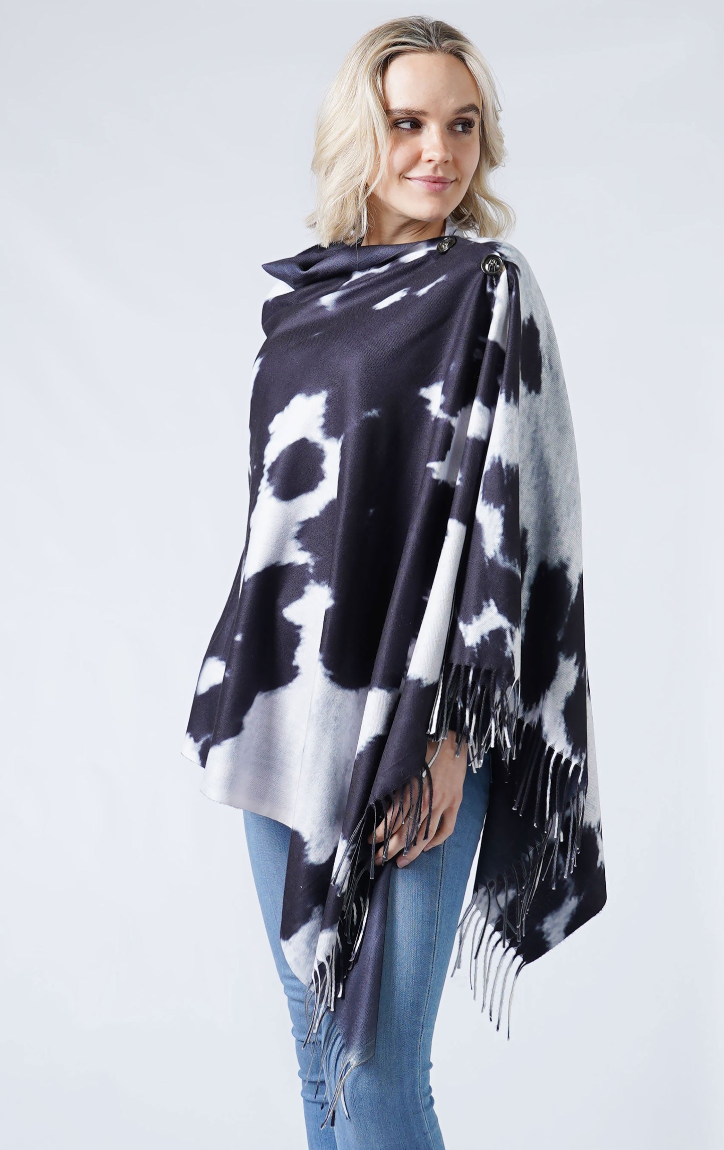 COW PRINT MULTI WEAR SCARF/PONCHO WITH FRINGE