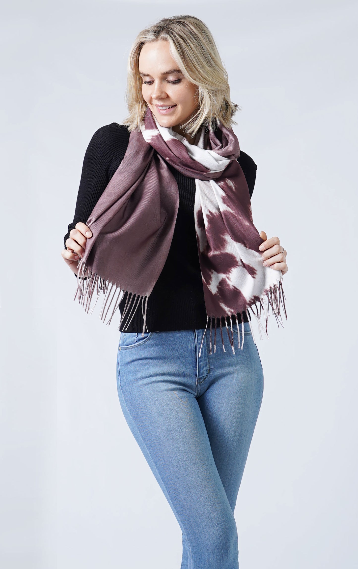 COW PRINT MULTI WEAR SCARF/PONCHO WITH FRINGE