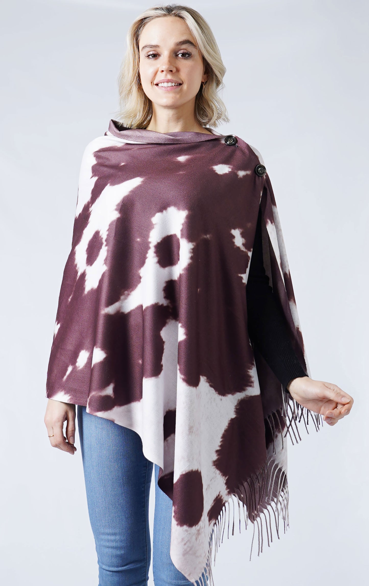 COW PRINT MULTI WEAR SCARF/PONCHO WITH FRINGE