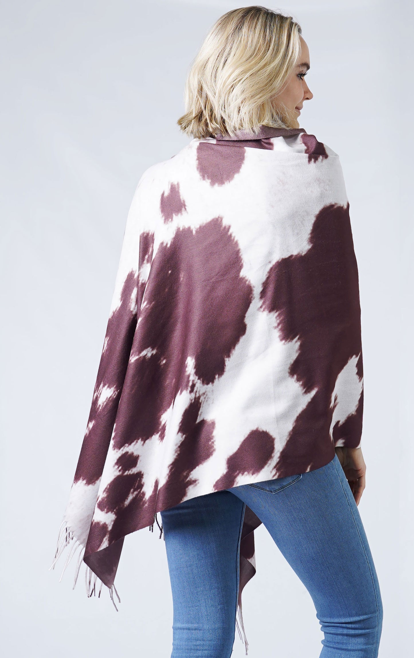 COW PRINT MULTI WEAR SCARF/PONCHO WITH FRINGE