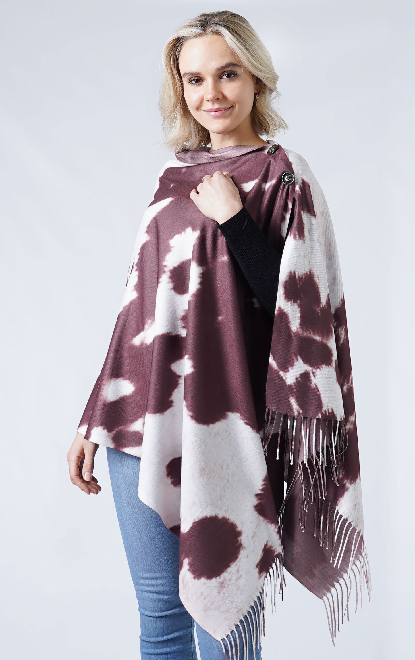 COW PRINT MULTI WEAR SCARF/PONCHO WITH FRINGE