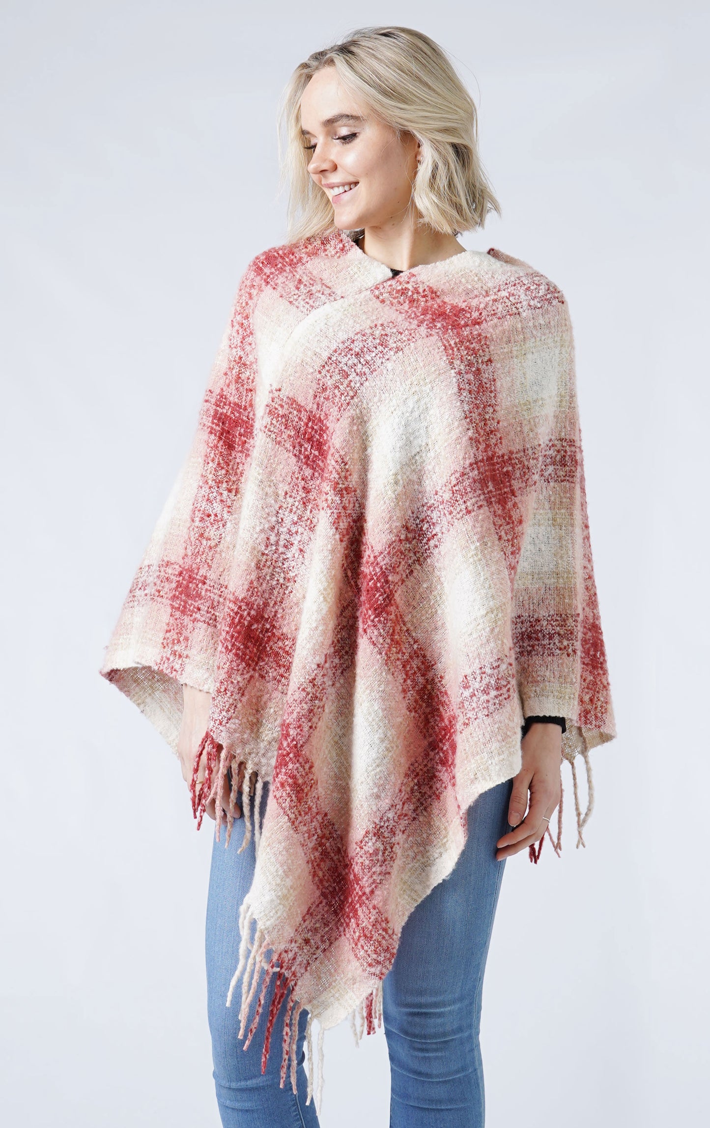 PLAID PONCHO WITH FRINGE