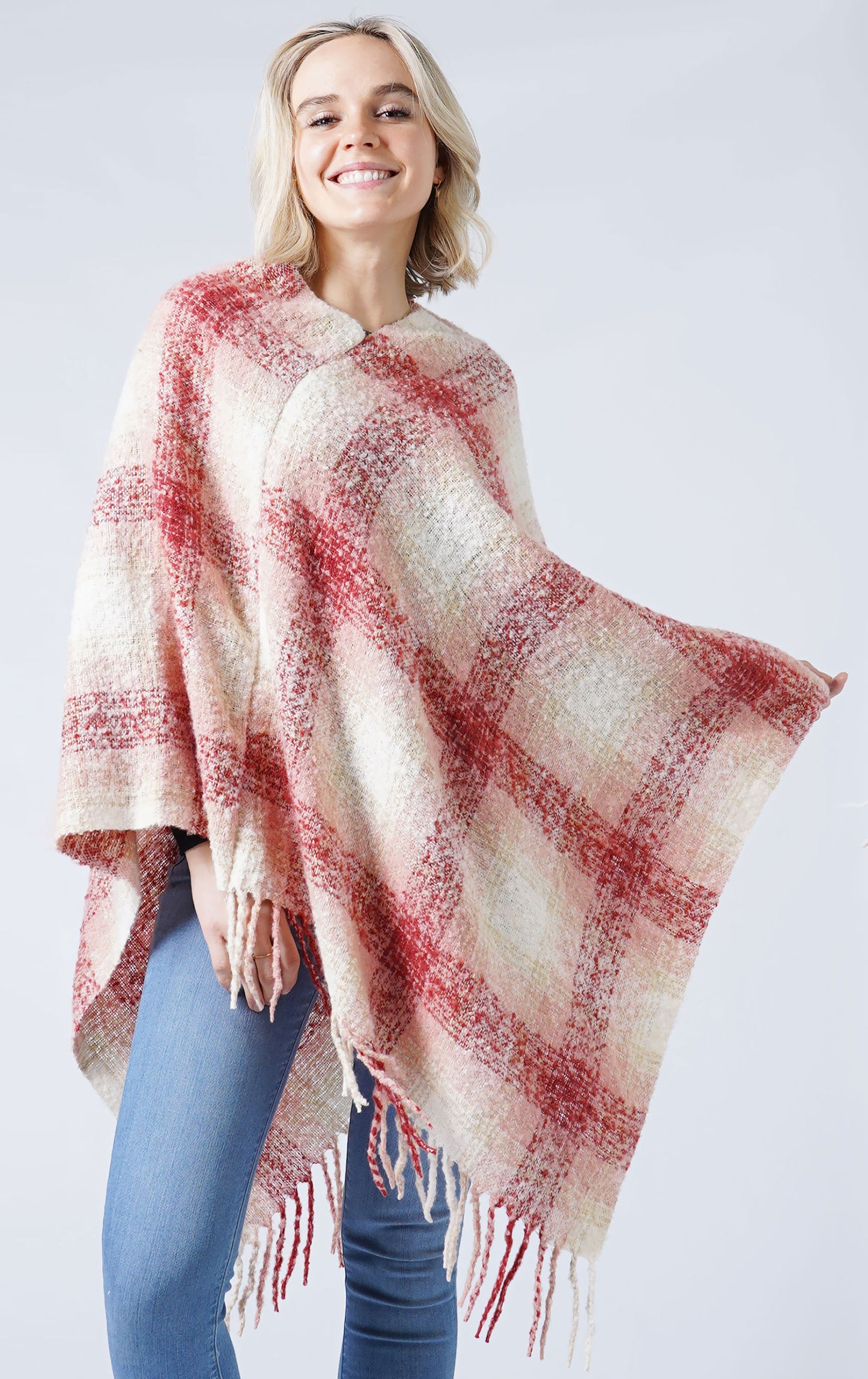 PLAID PONCHO WITH FRINGE