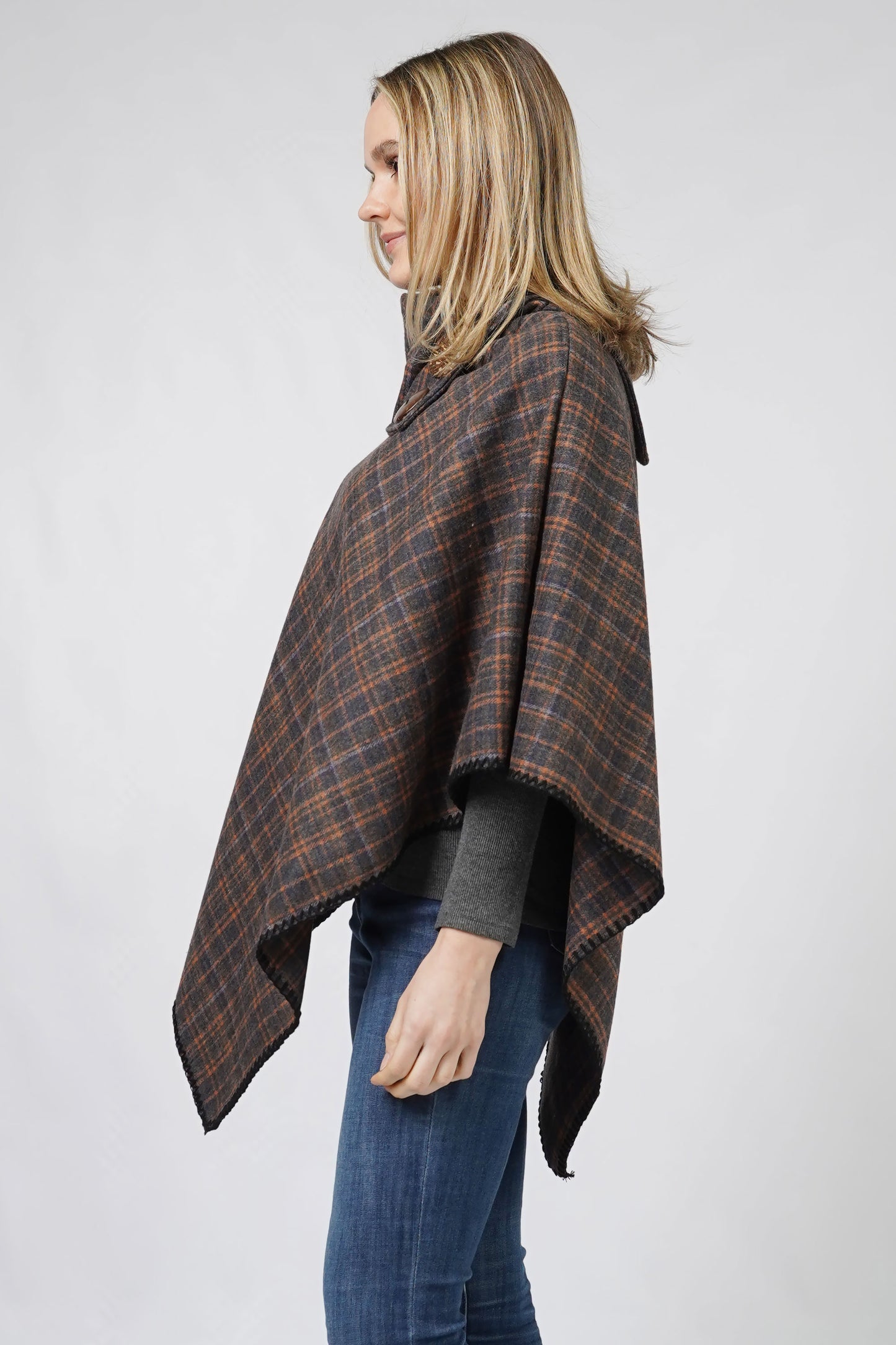 PLAID+COCONUT BUTTON PONCHO