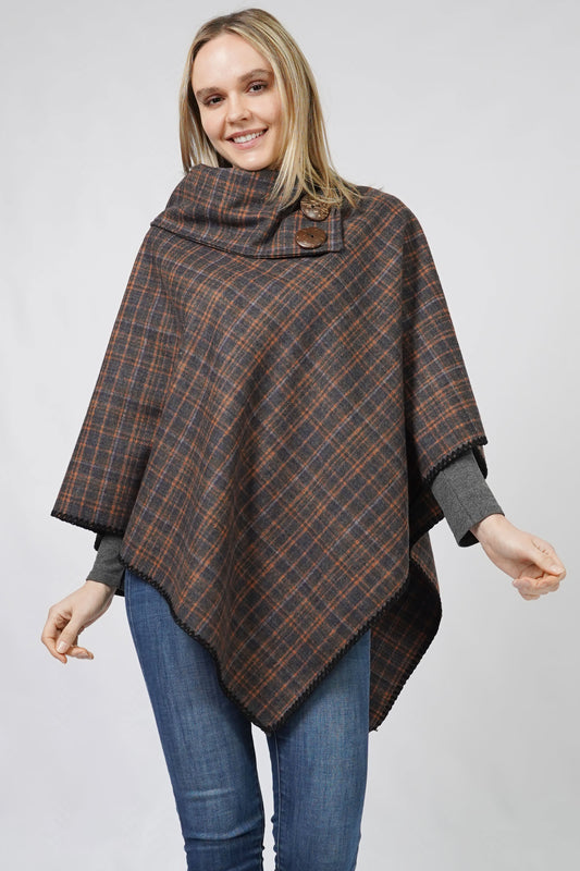 PLAID+COCONUT BUTTON PONCHO